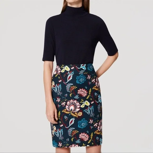Ann Taylor LOFT Deep Teal Floral Skirt w/ Kick Pleat SZ 8 - Picture 2 of 14